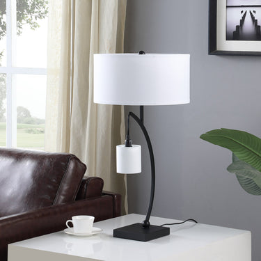 Black Metal Two Light Arched Table Lamp With White Drum Shade